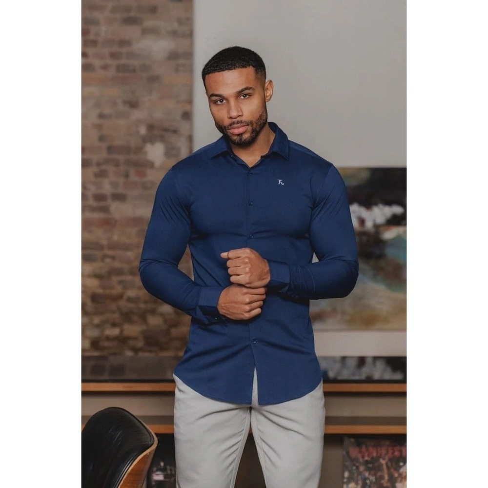 Tailored Athlete Bamboo Shirt Mens XXL Navy Blue Muscle Fit LS Button Up